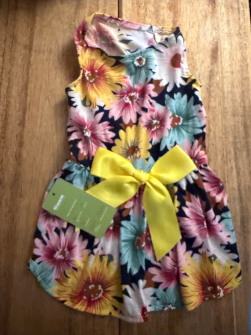 Dog Dress in Navy Floral with Yellow Bow